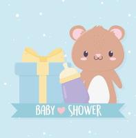 baby shower söt liten björn nalle presentförpackning och mjölkflaska vektor