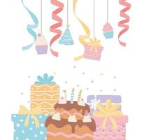 hängende partydekoration geschenk cupcake hut band und geschenk geburtstagstorte mit kerzen vektor