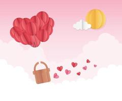 glad alla hjärtans dag origami ballonger hjärtan korg sol himmel moln vektor
