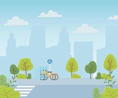 stadsekologi parkering cyklar transport tvärgata stadsbild vektor