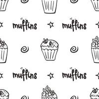 svarta och vita cupcakes seamless mönster. handritad muffins bakgrund. perfekt för målarbok, inslagning, utskrift. vektor illustration