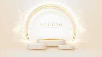 cremefarbenes podium für die produktpräsentation mit goldener kreislinie und glitzernden lichteffekten und bokeh-dekoration. vektor