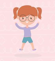 glad barns dag, söt liten flicka bär glasögon händer upp firande vektor