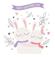 glad alla hjärtans dag söta vita par kaniner band kort vektor
