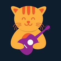 djur husdjur katt kattunge kattunge med gitarr musik söt logotyp vektor ikon design