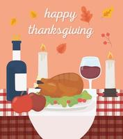 Happy Thanksgiving gebackener Truthahn Äpfel Wein Kerzen Tischdecke Feier vektor