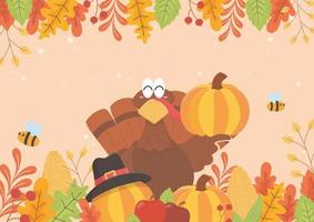 fröhlicher Thanksgiving-Truthahn mit Kürbisbienen und Laubfeier vektor
