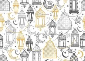 Arabische Laterne und Mond, nahtloses Muster der Sterne auf weißem Hintergrund. Vektor-Luxus-Wiederholungstapete, Textildruck, Hintergrund. vektor