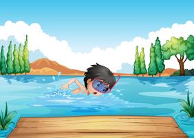 Ein Junge, der im Fluss mit einer rosafarbenen Schutzbrille schwimmt vektor