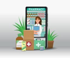 flache illustration der online-apotheke. Mobile App zur Medikamentenbestellung. vektor