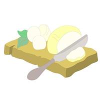 Scheiben Mozzarella-Käse werden mit Metallmesser auf Holzbrett geschnitten. drei Käsebällchen mit Basilikumblättern. Milchprodukte. vektor