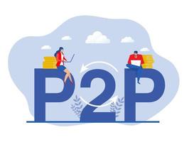p2p eller peer to peer-betalningar. två företag som interagerar med varandra. virtuell transaktion för kryptovaluta. vektor illustration.