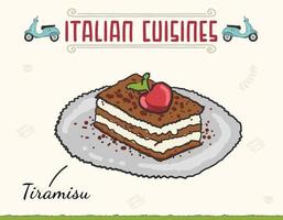 tiramisu tårta italiensk dessert. vektor illustration. Italiensk tiramisu tårta lager med körsbär, vispad grädde och mascarpone ost vektorillustration.