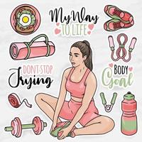 gesunde frauen aufkleber clipart sammlungen set mit mädchen fitnessgeräte vektor