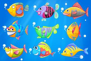 Ett hav med nio färgglada fiskar vektor