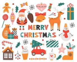 julset med färgglada element, tomte, rådjur, bil med julgran, leksaker, presenter, vektorillustration i platt stil vektor