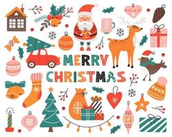 weihnachtsset mit bunten elementen, weihnachtsmann, hirsch, auto mit weihnachtsbaum, spielzeug, geschenke, vektorillustration im flachen karikaturstil. vektor