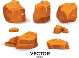 Cartoon-Set von Steinen. felsen und steine im isometrischen 3d-flachen stil. Set aus verschiedenen Steinen, orangefarbenen Steinen auf weißem Hintergrund vektor