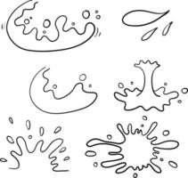 samling av stänkvatten med droppar, ett stänk av fallande vatten handritad doodle tecknad stil vektor