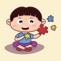 süßer kleiner junge, der puzzle spielt. sitzen spielen. hält ein buntes Puzzle. Cartoon-Vektor-Illustration vektor