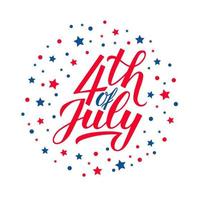4 juli kalligrafi hand bokstäver med röda och blå stjärnor konfetti på vit bakgrund. vektor mall för usa självständighetsdagen firande affisch, logotyp design, gratulationskort, banner, flyer.