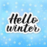 hallo winter kalligraphie beschriftung. hellblauer Hintergrund mit fliegenden Schneeflocken. Winterpartydekorationen. Urlaubsstimmung-Vektor-Illustration.