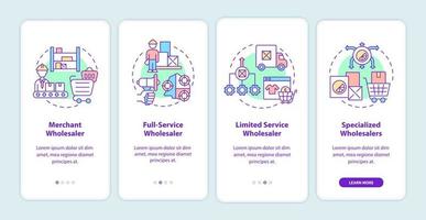 typer av grossister som kommer in på mobilappsidan. distributionsföretag genomgång 5 steg grafiska instruktioner med koncept. ui, ux, gui vektormall med linjära färgillustrationer vektor