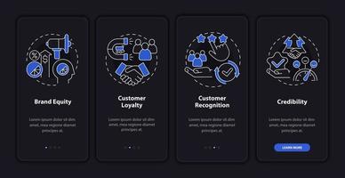 Branding-Vorteile Dunkler Onboarding-Bildschirm der mobilen App-Seite. Planung Business Walkthrough 4 Schritte grafische Anweisungen mit Konzepten. ui, ux, gui-vektorvorlage mit nachtmodus-illustrationen vektor