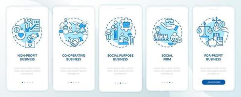 typer av sociala entreprenörskap blå onboarding mobilapp sidskärm. genomgång 5 steg grafiska instruktioner med koncept. ui, ux, gui vektormall med linjära färgillustrationer vektor