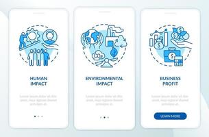 socialt entreprenörskap framgångsmätning blå onboarding mobil app sidskärm. genomgång 5 steg grafiska instruktioner med koncept. ui, ux, gui vektormall med linjära färgillustrationer vektor