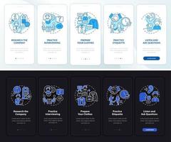 förbered för intervju mörk, ljus onboarding mobil app sidskärm. genomgång 5 steg grafiska instruktioner med koncept. ui, ux, gui vektormall med linjära natt- och daglägesillustrationer vektor