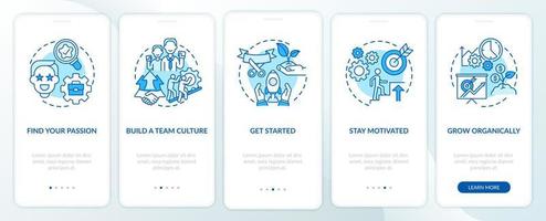 steg för att starta socialt entreprenörskap blå onboarding mobilapp-sida. genomgång 5 steg grafiska instruktioner med koncept. ui, ux, gui vektormall med linjära färgillustrationer vektor