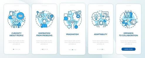 egenskaper hos socialt entreprenörskap blå onboarding mobilapp-sida. genomgång 5 steg grafiska instruktioner med koncept. ui, ux, gui vektormall med linjära färgillustrationer vektor
