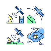 satellitenradionavigation grüne, blaue rgb-farbsymbole gesetzt. Protokollstandards für die Übertragungssteuerung. Satelliten umkreisen. isolierte Vektorgrafiken. einfache Sammlung gefüllter Strichzeichnungen vektor