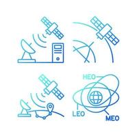 lineare vektorsymbole für satellitenfunknavigationsgradienten eingestellt. Protokollstandards für die Übertragungssteuerung. Satelliten umkreisen. dünne Linienkontursymbole bündeln. Sammlung von isolierten Umrissillustrationen vektor