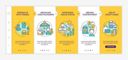 Konsummotivation gelbe Onboarding-Vektorvorlage. Responsive mobile Website mit Symbolen. Webseiten-Komplettlösung 5-Schritt-Bildschirme. Lifestyle-Farbkonzept mit linearen Illustrationen vektor