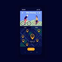 Fahrrad-Sharing-Service-App-Smartphone-Schnittstellenvektorvorlage. Seitendesign-Layout für mobile Apps. Umweltsicherer Transport. Bildschirm der Bike-Sharing-Plattform. flache Benutzeroberfläche für die Anwendung. Telefonanzeige vektor