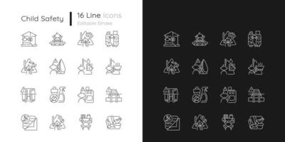 linjära barnsäkerhetsikoner inställda för mörkt och ljust läge. babysäkerhetsåtgärder. förebyggande av skador. anpassningsbara symboler för tunna linjer. isolerade vektor kontur illustrationer. redigerbar linje