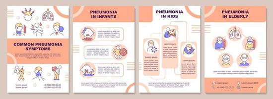 vanliga lunginflammationssymptom broschyrmall. åldersgrupper i riskzonen. flygblad, häfte, broschyrtryck, omslagsdesign med linjära ikoner. vektorlayouter för presentation, årsredovisningar, annonssidor vektor