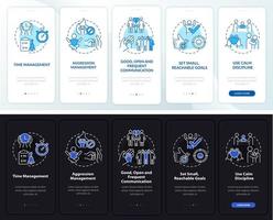 hantera adhd i barns onboarding mobilapp sidskärm. känslor kontroll genomgång 5 steg grafiska instruktioner med koncept. ui, ux, gui vektormall med linjära natt- och daglägesillustrationer vektor