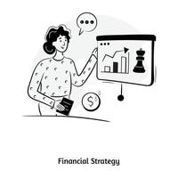 schackpjäs, pengar och diagram, handritad illustration av finansiell strategi vektor