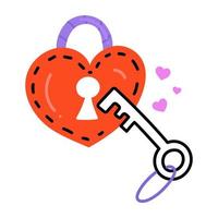 hjärtformat hänglås med nyckel, platt ikon för hjärtnyckel vektor
