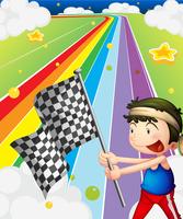 En pojke som håller en racing flagga i tävlingsfältet vektor