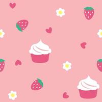 Erdbeer Cupcake Cartoons Muster. süßer rosa hintergrund. das nahtlose niedliche muster in einer mädchen- oder babymode, frisches und saftiges buntes erdbeerherz im valentinstag. Vektordesign für Mode. vektor