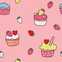 Erdbeer Cupcake Cartoons Musterdesign. süßer rosa Hintergrund. das nahtlose niedliche lebhafte muster in einer mädchen- oder babymode, frische und saftige bunte erdbeerfrucht im sommer.vektorillustration vektor