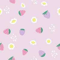 Cartoon-Musterentwurf der weißen Blume der Erdbeere. lila Hintergrund. das nahtlose niedliche muster in einer mädchen- oder babymode, frische und saftige bunte erdbeerfrucht im sommer. Vektordesign für Mode. vektor
