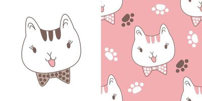 niedliches Cartoonmuster der weißen Katze. Katzenpfote auf rosa Hintergrund. das nahtlose niedliche muster in einem mädchen, jungen, babymode lokalisierte katzengekritzel. Vektordesign für Mode, Hintergrund, Stoff, Tapete. vektor