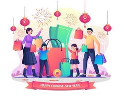 kinesiskt nyårs shoppingkoncept med familj med sina barn som köper varor nära en stor shoppingväska, myntpengar och kontanter på platt stil vektorillustration vektor