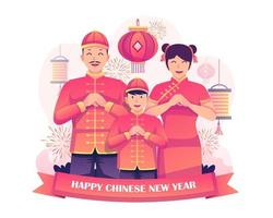 chinesische familie im traditionellen kostüm, das gruß-etikette-faust und handflächengestengruß macht, um das neue mondjahr zu feiern. flache vektorillustration vektor