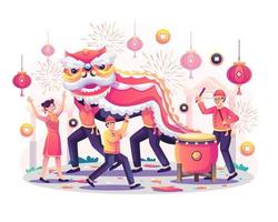 feiern sie das chinesische neujahr mit asiatischen kindern, die mit einem chinesischen tanzenden löwen spielen, und einem trommler, der die trommel schlägt, feuerwerk und hängenden laternen. flache vektorillustration vektor